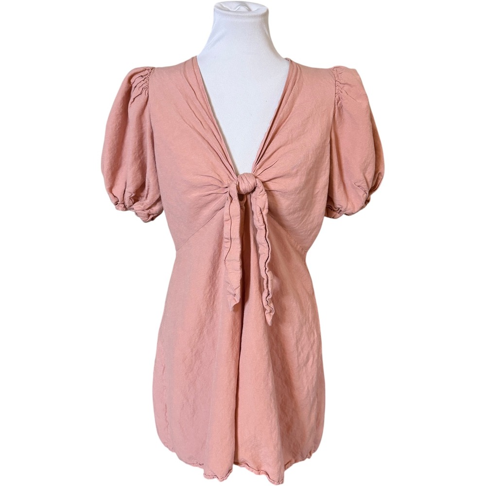 Express Romper Women Large Pink Linen‎ Blend Tie Front Puff Sleeve 007906421
